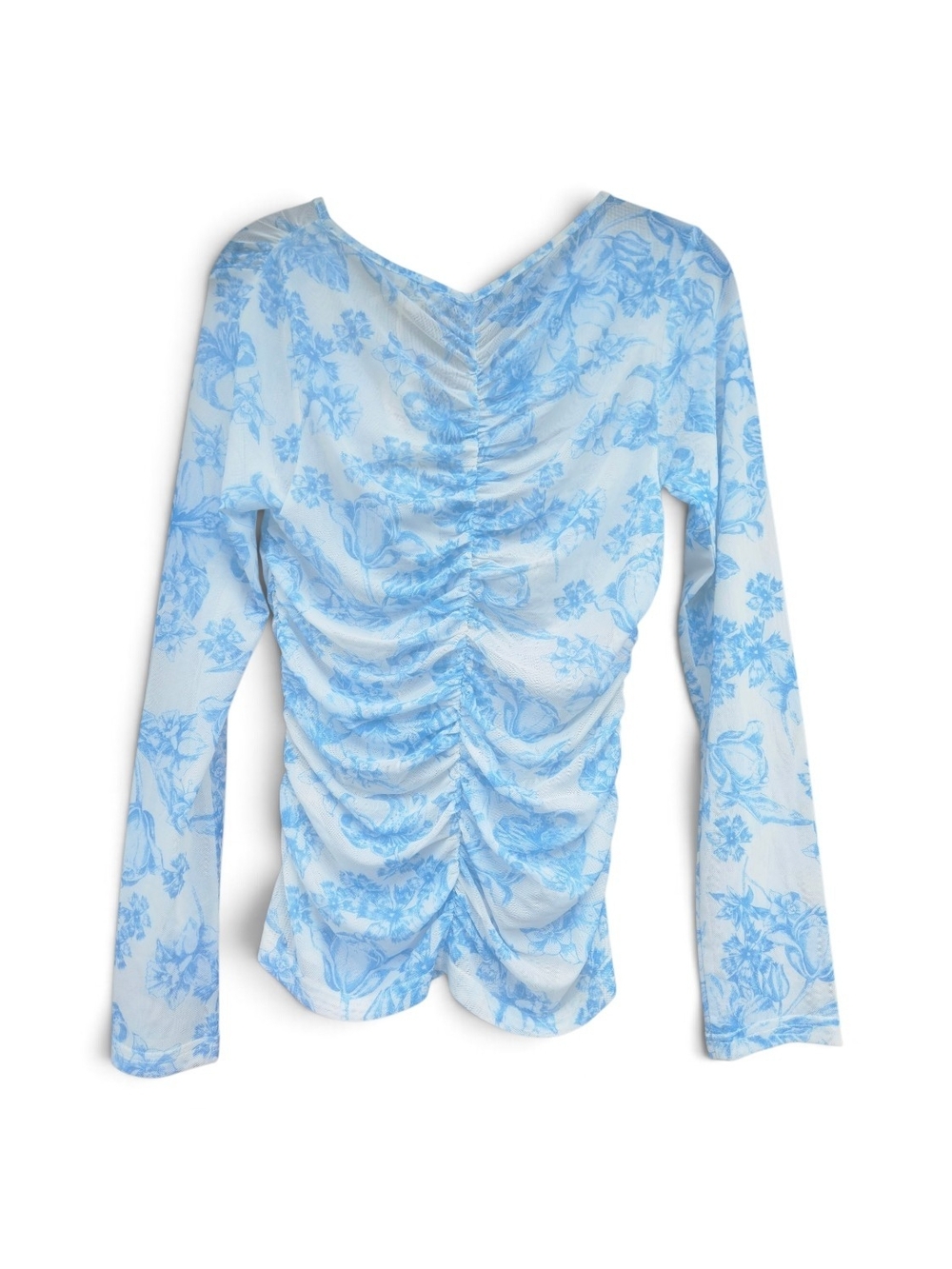 Mystree Floral V-Neck Ruched Top Light Blue Long Sleeve Women’s Size Large